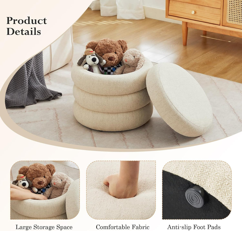 19.5 Inch Round Storage Ottoman, Modern Linen Ottoman Coffee Table with Removable Top, Beige Vanity Stool with Storage for Bedroom, Living Room, Dorm, Set of 1