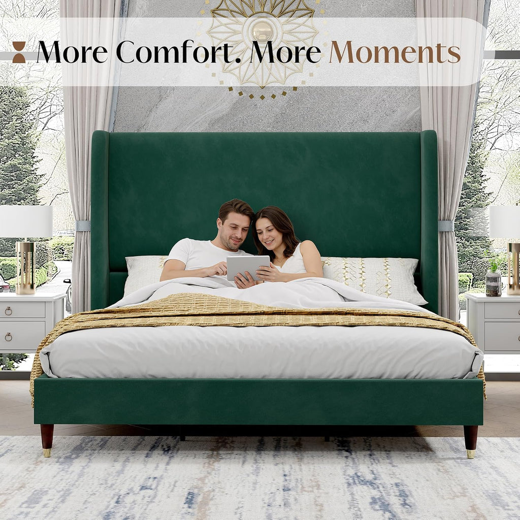 PaPaJet King Bed Frame with 51.2' Tall Wingback Headboard,Velvet Upholstered Platform Bed,Solid Wood Legs,No Box Spring Needed,Noise-Free&Easy Assembly,for Master Bedroom & Luxury Home,Green