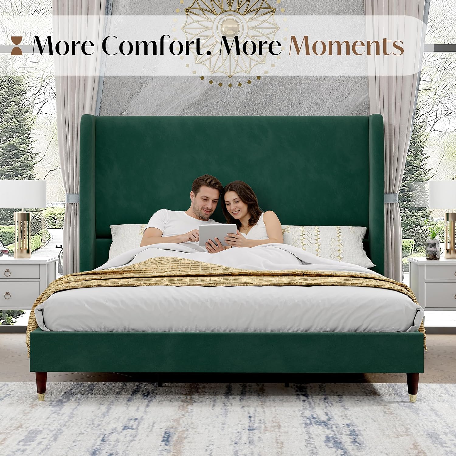 PaPaJet King Bed Frame with 51.2' Tall Wingback Headboard,Velvet Upholstered Platform Bed,Solid Wood Legs,No Box Spring Needed,Noise-Free&Easy Assembly,for Master Bedroom & Luxury Home,Green