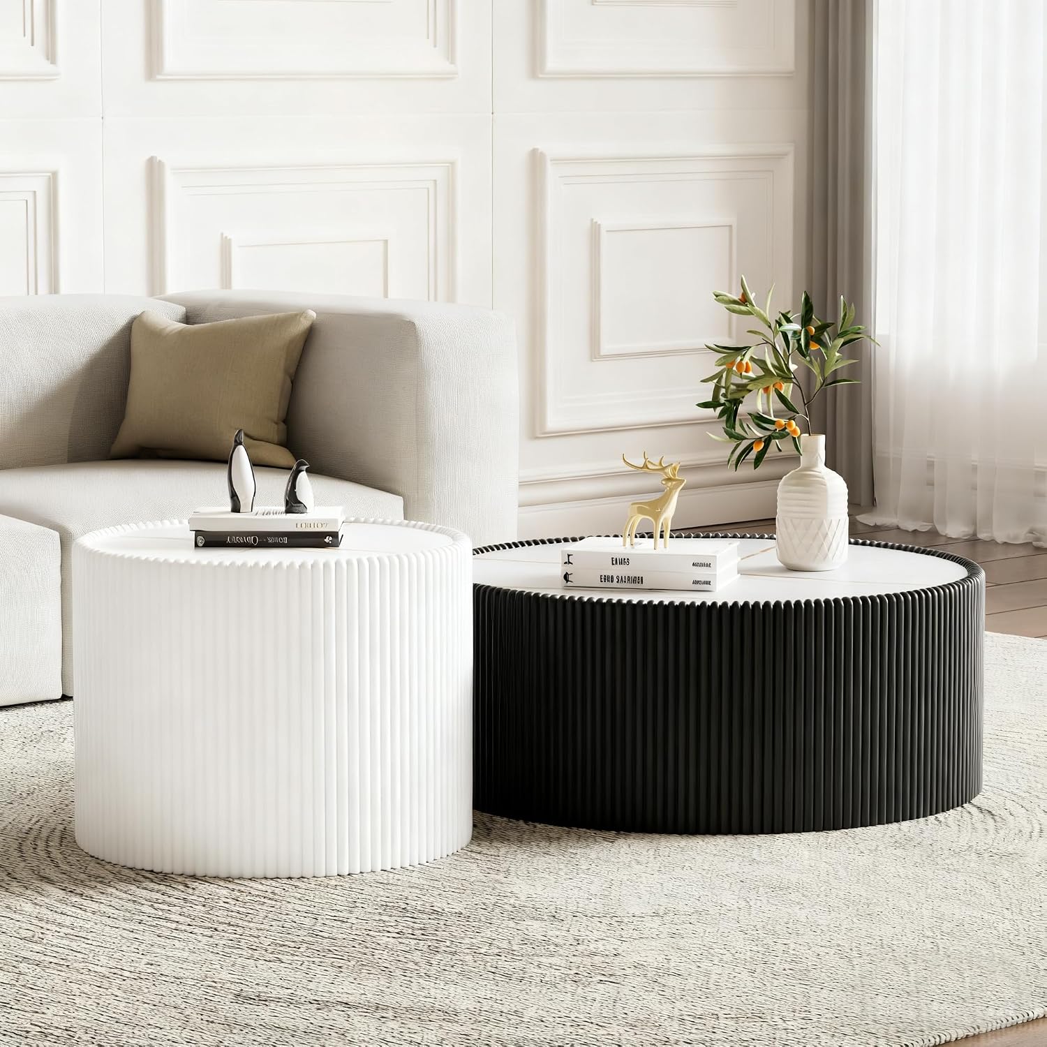 Round Living Room Table Set, 29.52' Black Drum Center Table and 17.71' White Coffee Table Set, 2 Pieces Coffee Table Set with Sintered Stone Tabletop, Fluted PU Leather Covered and StableBase