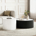 Round Coffee Table Set, 29.52' Black Drum Center Table and 17.71' White Coffee Table Set, 2 Pieces Living Room Table Set with Sintered Stone Tabletop, Fluted PU Leather Covered and Stable Base