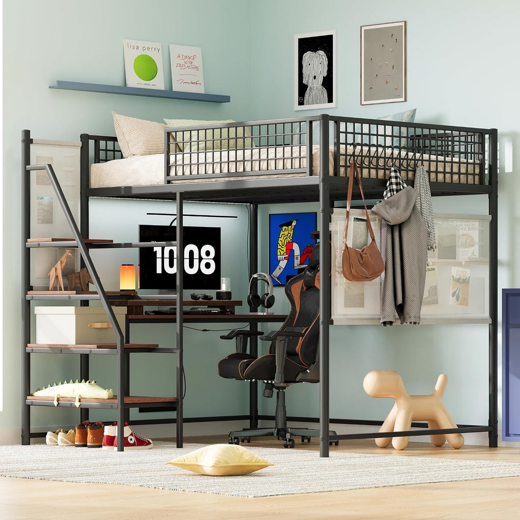 Full Size Metal Loft Bed with Stairs, Large Under-Bed Space, Built-in Charging Station, LED Lighting, for Bedroom, Dormitory, Black