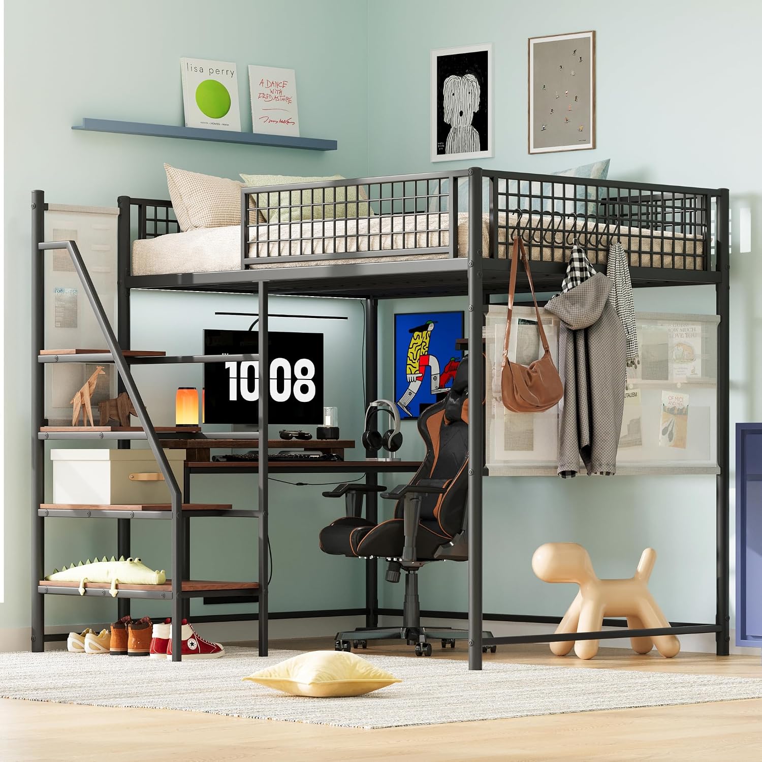Full Size Metal Loft Bed with Stairs, Large Under-Bed Space, Built-in Charging Station, LED Lighting, for Bedroom, Dormitory, Black