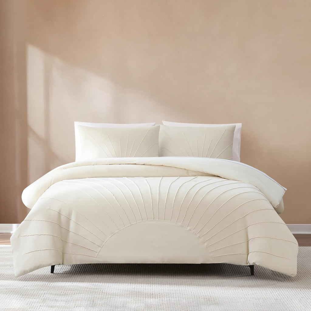 Lush Decor x Chuks Collins Solar Drift Velvet Comforter 3 Piece Set Queen Cream - Queen Comforter Set - Velvet Bedding Set - White Comforter - Sun Design - Luxury Bedding