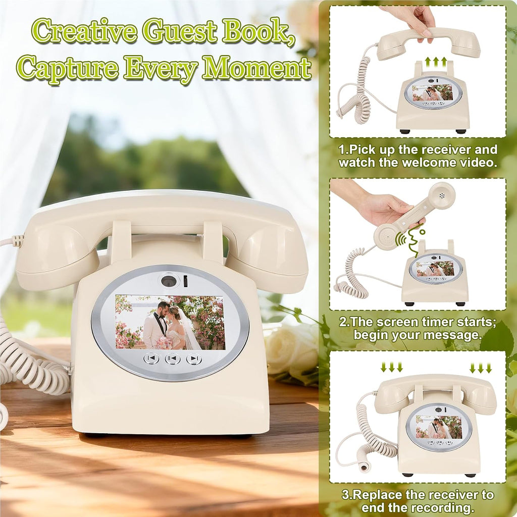 Video Audio Guest Book Wedding Phone, 1080P Video Guestbook Phone for Wedding, Bridal Shower, Birthday Party, Baby Shower, Anniversary Engagement (Rice White)