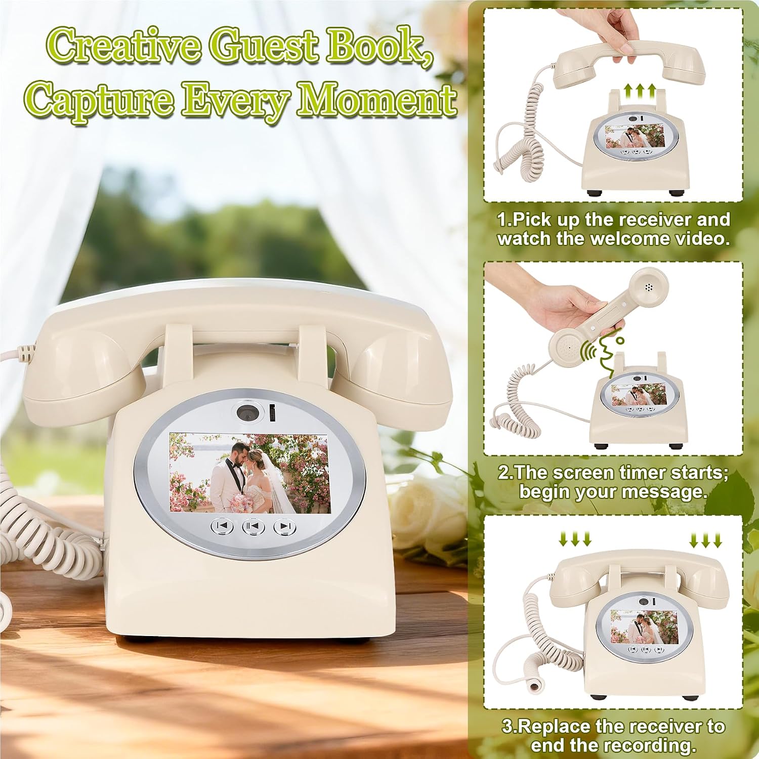 Video Audio Guest Book Wedding Phone, 1080P Video Guestbook Phone for Wedding, Bridal Shower, Birthday Party, Baby Shower, Anniversary Engagement (Rice White)