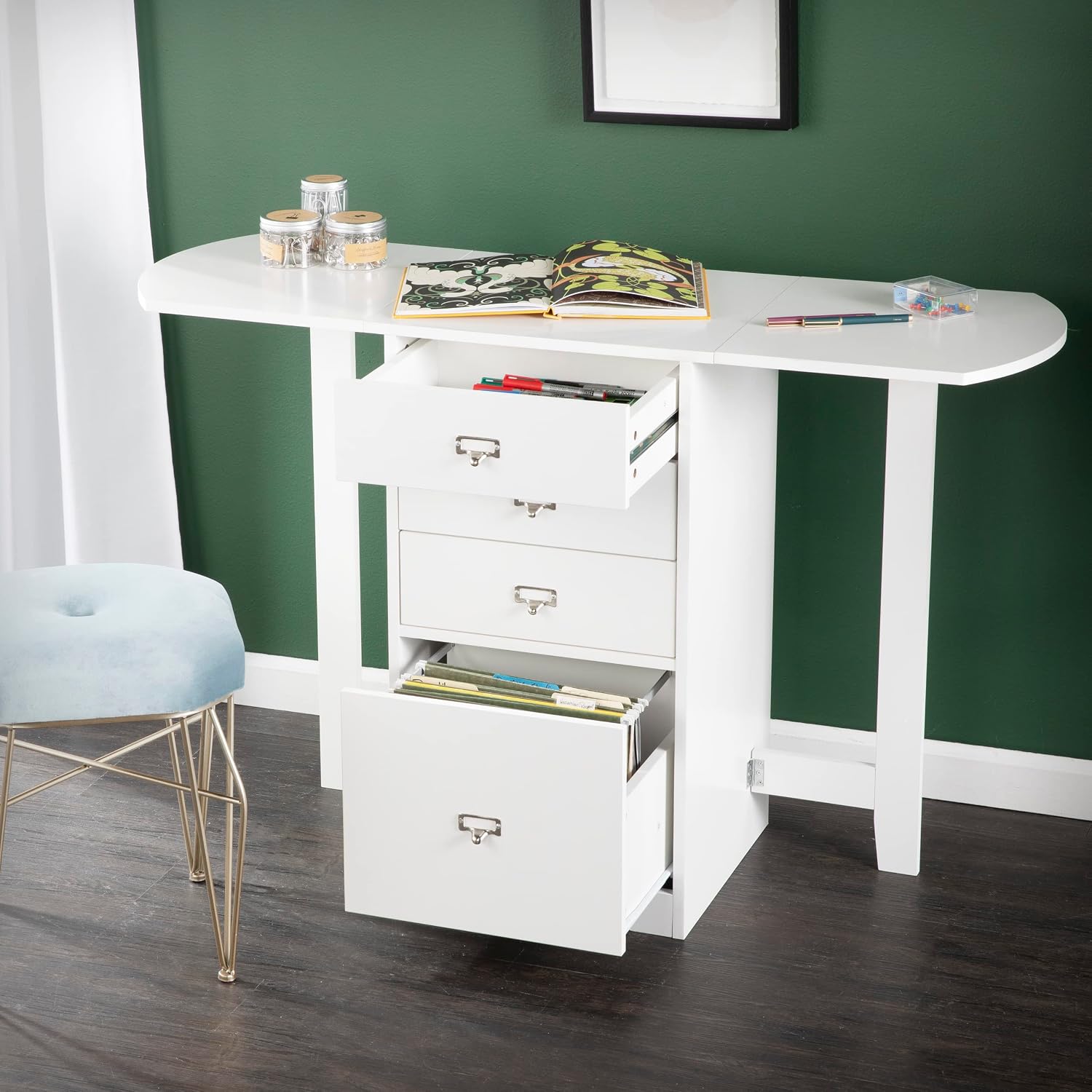 SEI Furniture Drop-Leaf Desk w/Storage, White
