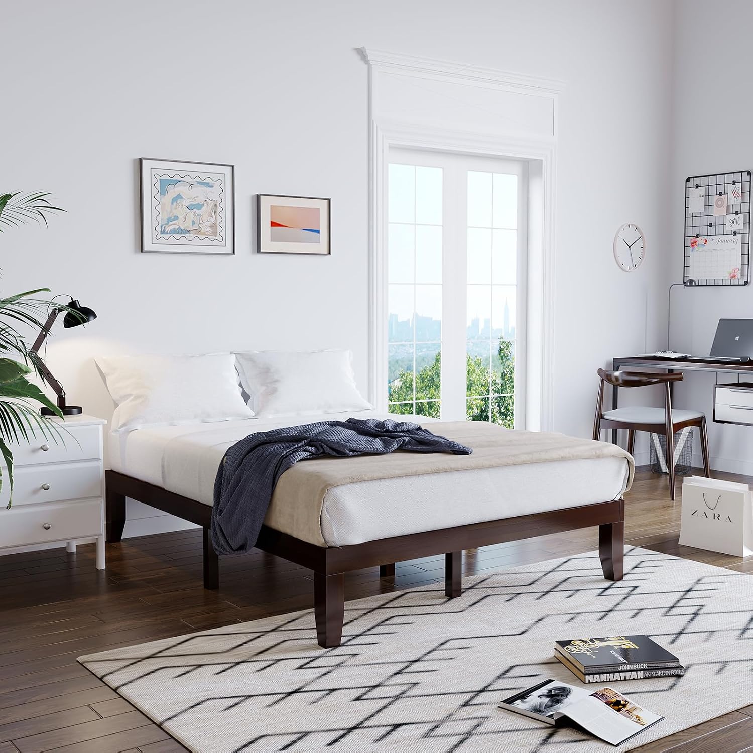Giantex 14 Inch Queen Wood Platform Bed Frame, Minimalist Style Mattress Foundation with Solid Rubber Wood, Heavy Duty Slat Support, Without Headboard, Easy Assembly, No Box Spring Needed, Espresso
