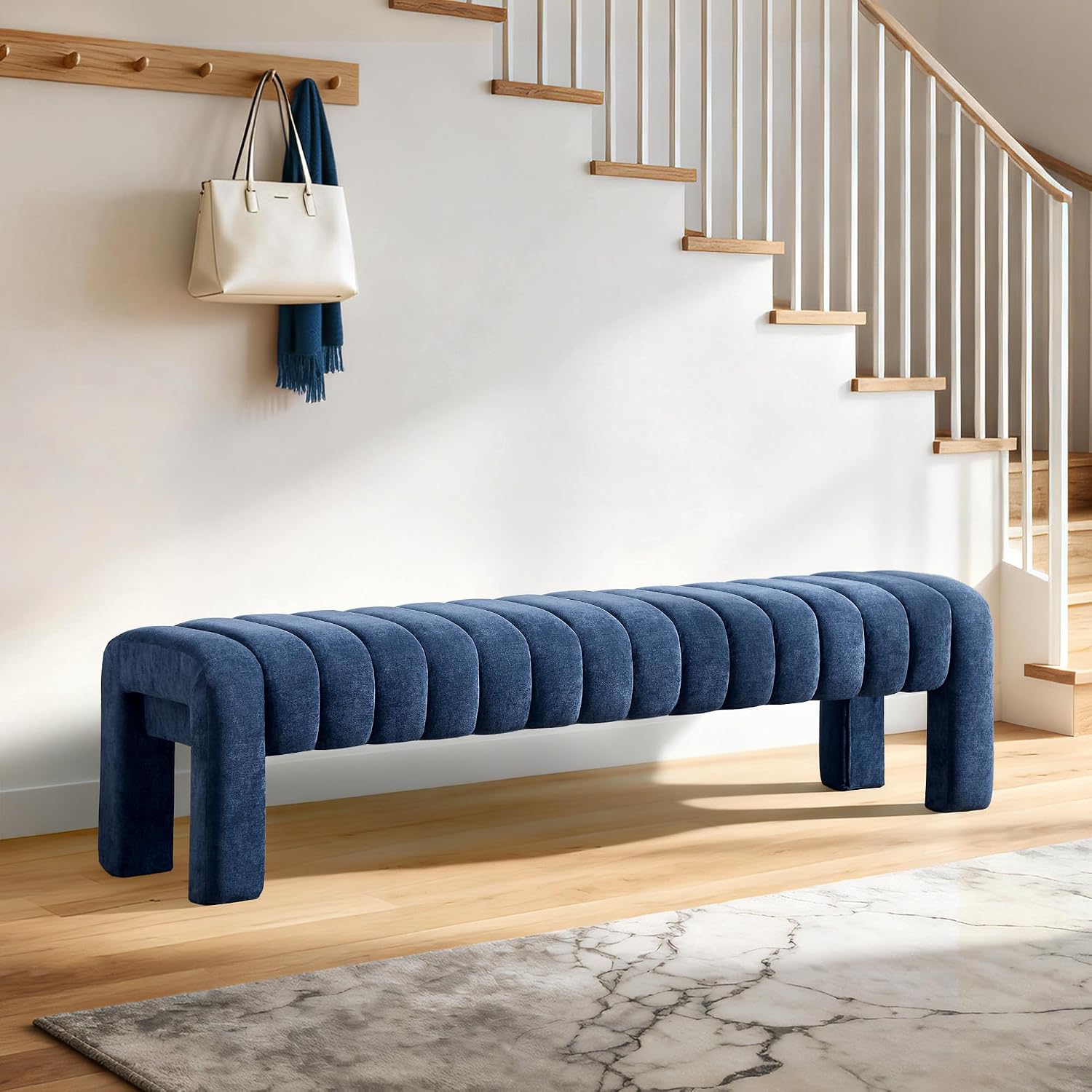 63'' Bedroom Bench, Upholstered End of Bed Bench with Solid Wood Legs, Modern Long Dining Bench with Full Covered Fabrics for Entryway, Bedroom, Living Room (Blue, Chenille)