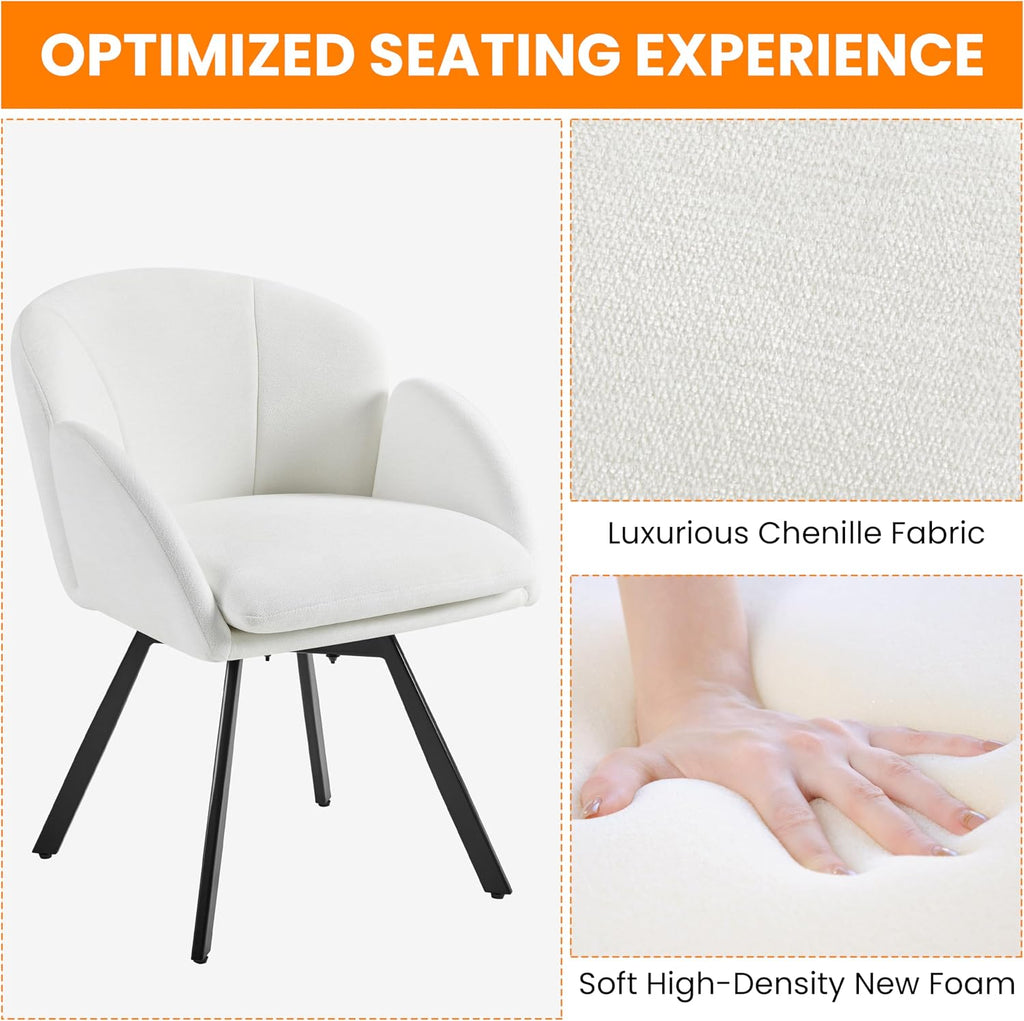 Yaheetech Swivel Accent Chair, Flower Chenille Armchair, Vanity Chair Side Chair with 360-Degree Swivel Base and Seat Cushion for Living Room/Bedroom/Home Office/Makeup, White, Set of 2