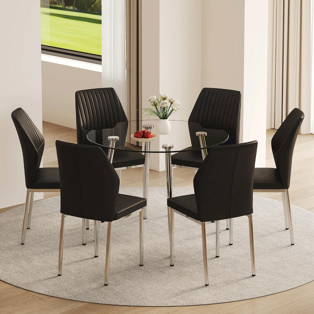 Dining Room Chairs Set of 6,Comfortable,Fashionable Soft Padded Kitchen Chairs High Backrests Metal Legs. Suitable for Living Room and Bedroom (Black+Silver Leg Set of 6)