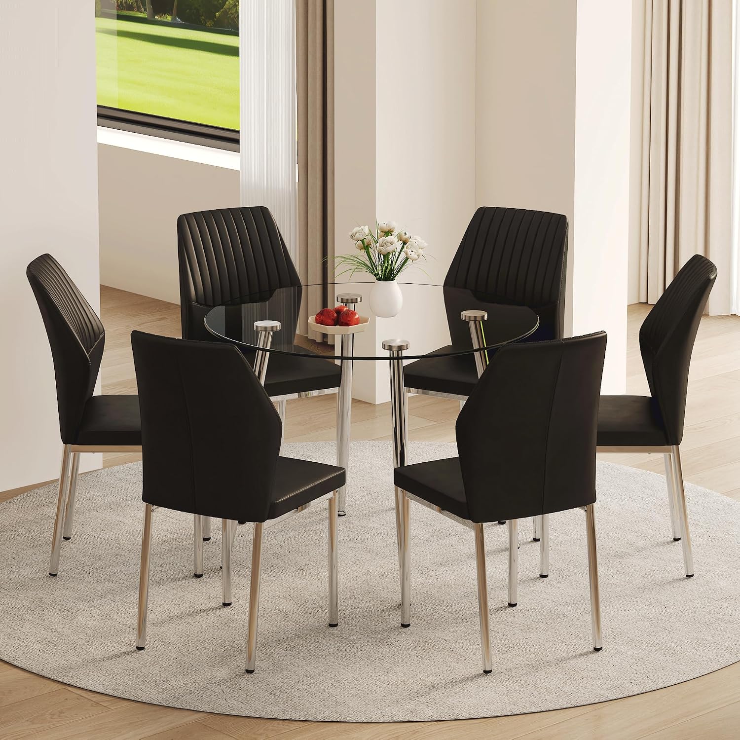 Dining Room Chairs Set of 6,Comfortable,Fashionable Soft Padded Kitchen Chairs High Backrests Metal Legs. Suitable for Living Room and Bedroom (Black+Silver Leg Set of 6)