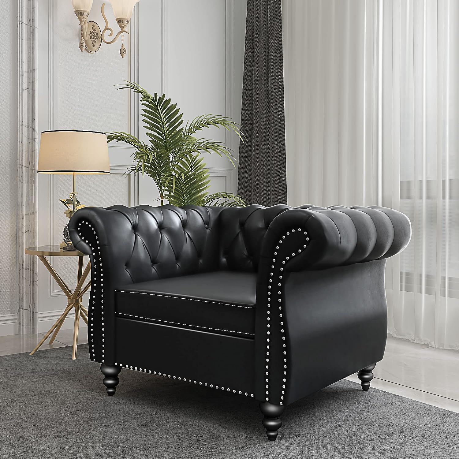 QHITTY Accent Chair, Chesterfield Chair Modern Leather Upholstered Chair with Tufted Back for Living Room Furniture (Black)