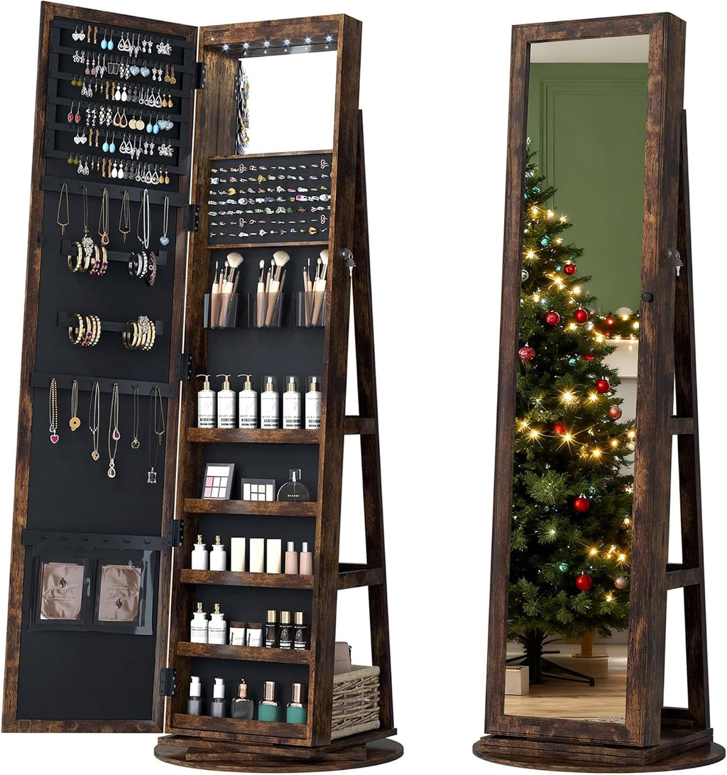 LVSOMT Mirror Jewelry Cabinet Standing, 360° Swivel Jewelry Armoire with 6 LED Lights and Interior Mirror, Full Length Mirror with Storage, Standing Lockable Jewelry Organizer, Retro Brown