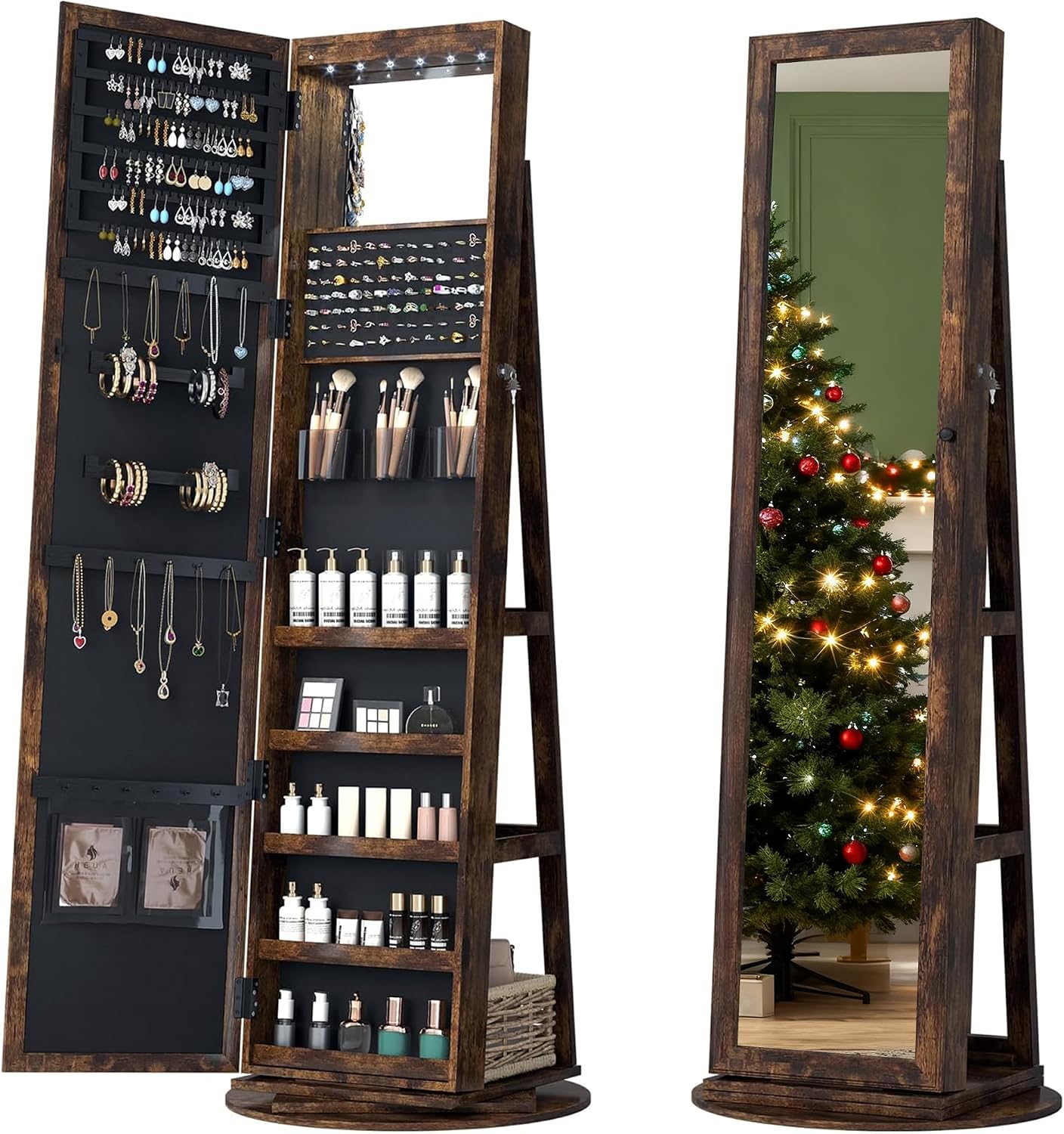 LVSOMT Mirror Jewelry Cabinet Standing, 360° Swivel Jewelry Armoire with 6 LED Lights and Interior Mirror, Full Length Mirror with Storage, Standing Lockable Jewelry Organizer, Retro Brown