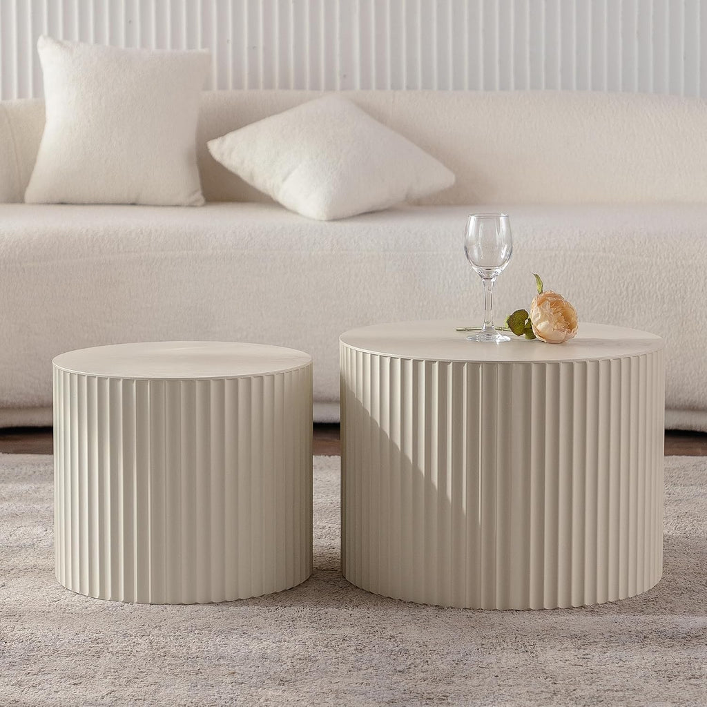 Nesting Coffee Table Set of 2, Round Wood Coffee Table and End Table Sets, Modern Double Circle Modular Accent Center Tea Table for Living Room Bedroom, （Beige + Cream, 27.56' & 19.69'