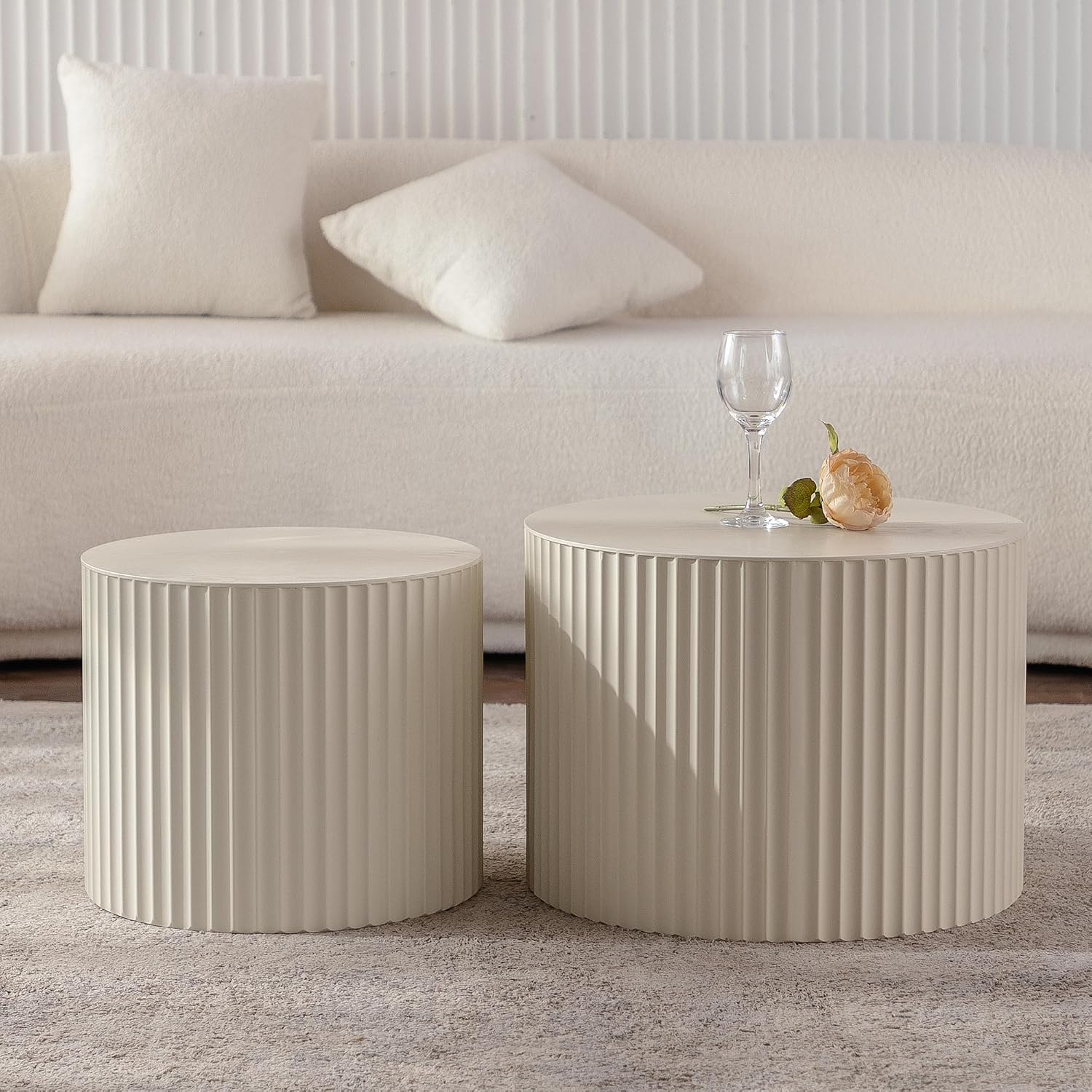 Nesting Coffee Table Set of 2, Round Wood Coffee Table and End Table Sets, Modern Double Circle Modular Accent Center Tea Table for Living Room Bedroom, （Beige + Cream, 27.56' & 19.69'