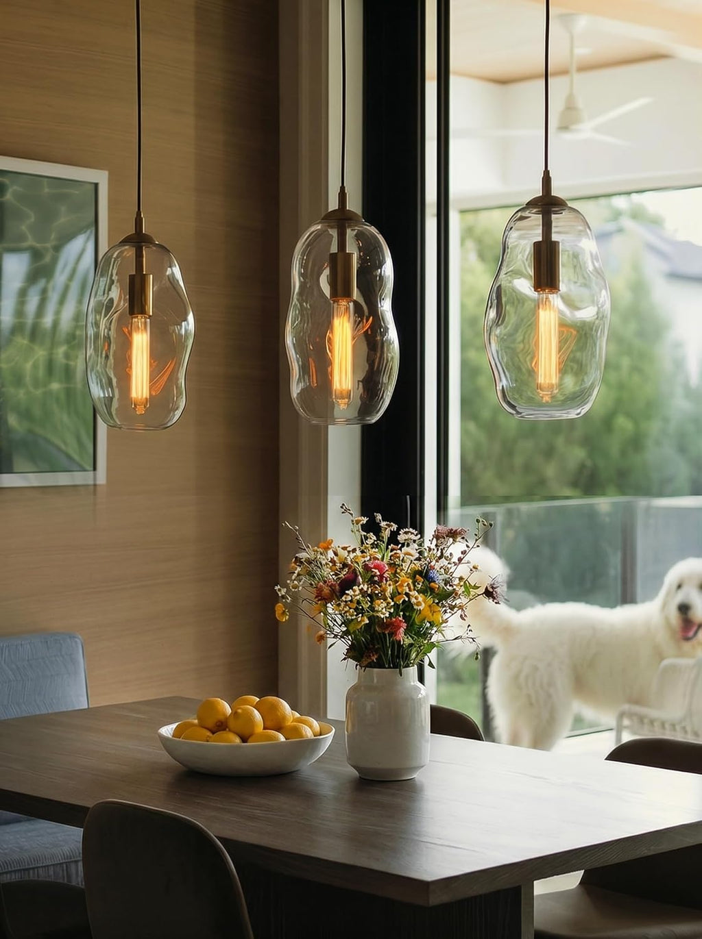CASAMOTION Modern Pendant Lights Kitchen Island Large Gold Hanging Light Fixtures for Dining Table Blown Art Glass Clear Organic Globe Bedroom Foyer Entryway Hallway Lamp 12 Inch 1 Pack