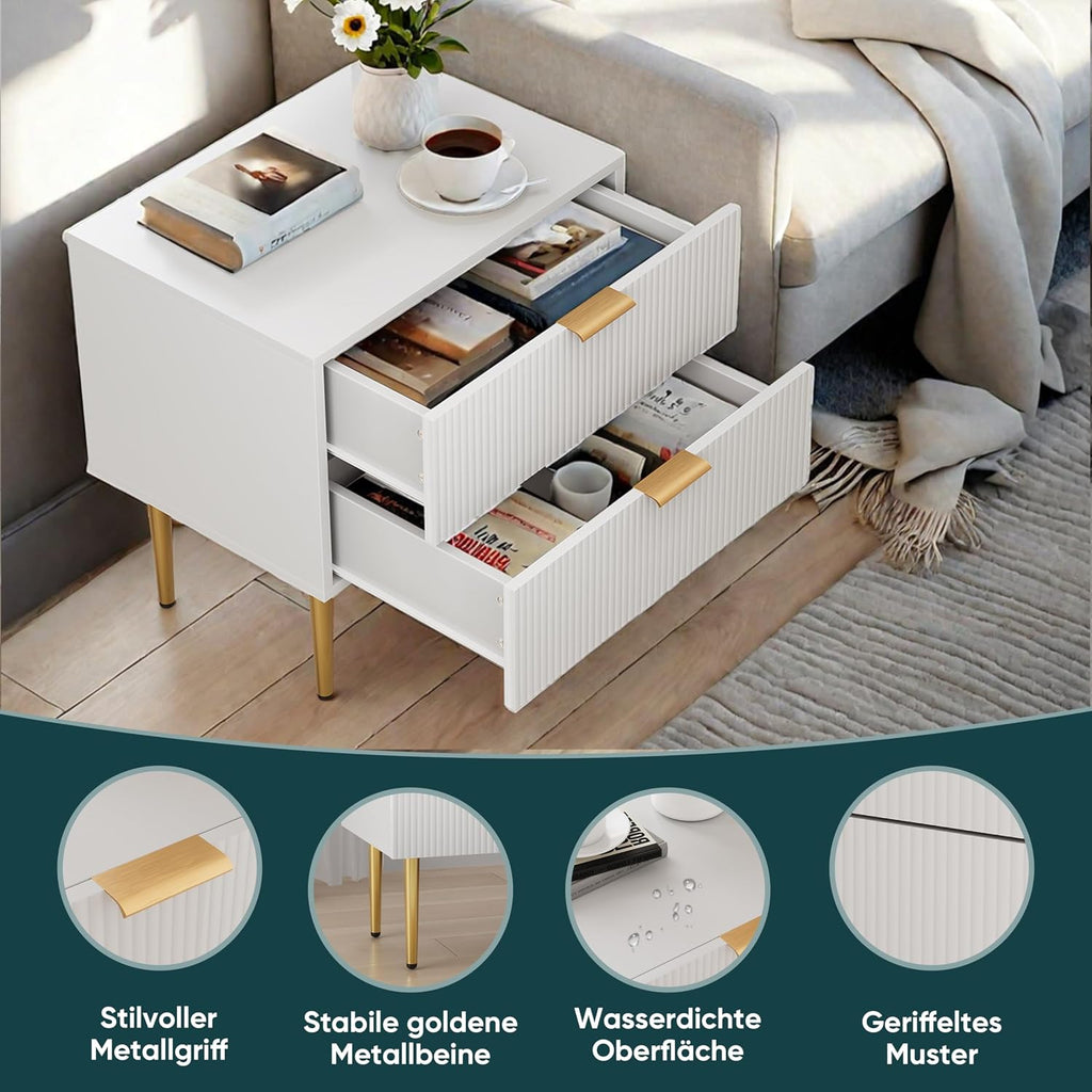 Semiocthome White Nightstand Set of 2, Mid Century Modern Night Stand with 2 Wave Fluted Panel Drawers, Bedside Table with Gold Metal Legs, Wide Tabletop Bed Side Table, End Tables for Living Room
