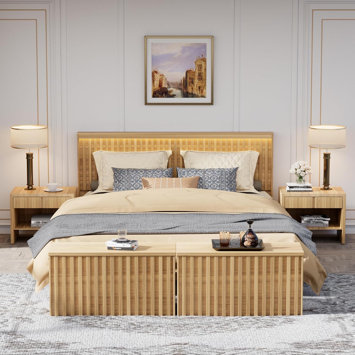 UEV Storage Bench Set of 2, 39.4' Wood Box, Storage Trunk with 2 Safety Hinges, Ottoman Storage Chest Set of 2, Fluted Storage Bench for Bedroom, Shoe Bench for Bedroom, Living Room (Natural Wood)