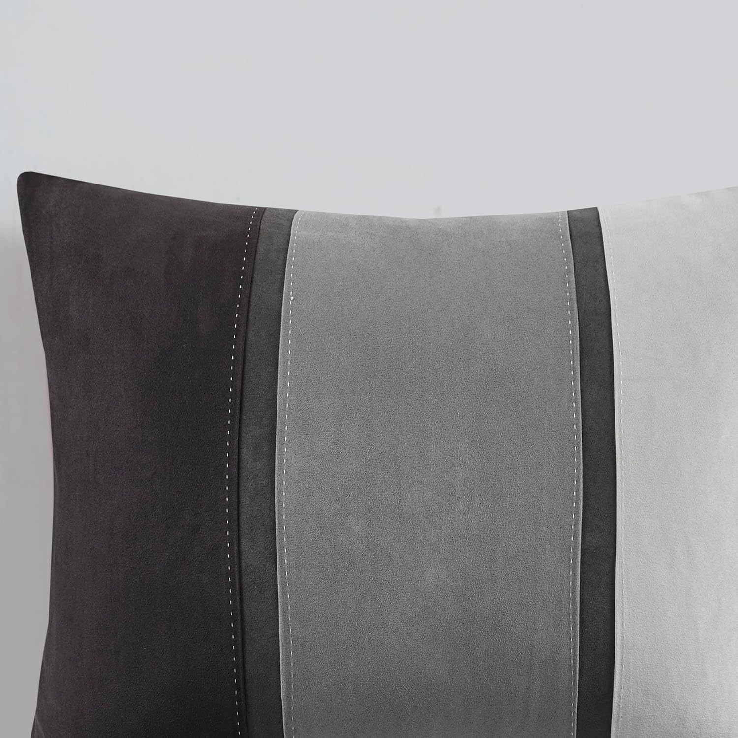 Madison Park Palisades Comforter Set Modern Faux Suede Pieced Stripe Design, All Season Down Alternative Cozy Bedding with Matching Shams, Decorative Pillows, Queen(90'x90'), Black 7 Piece