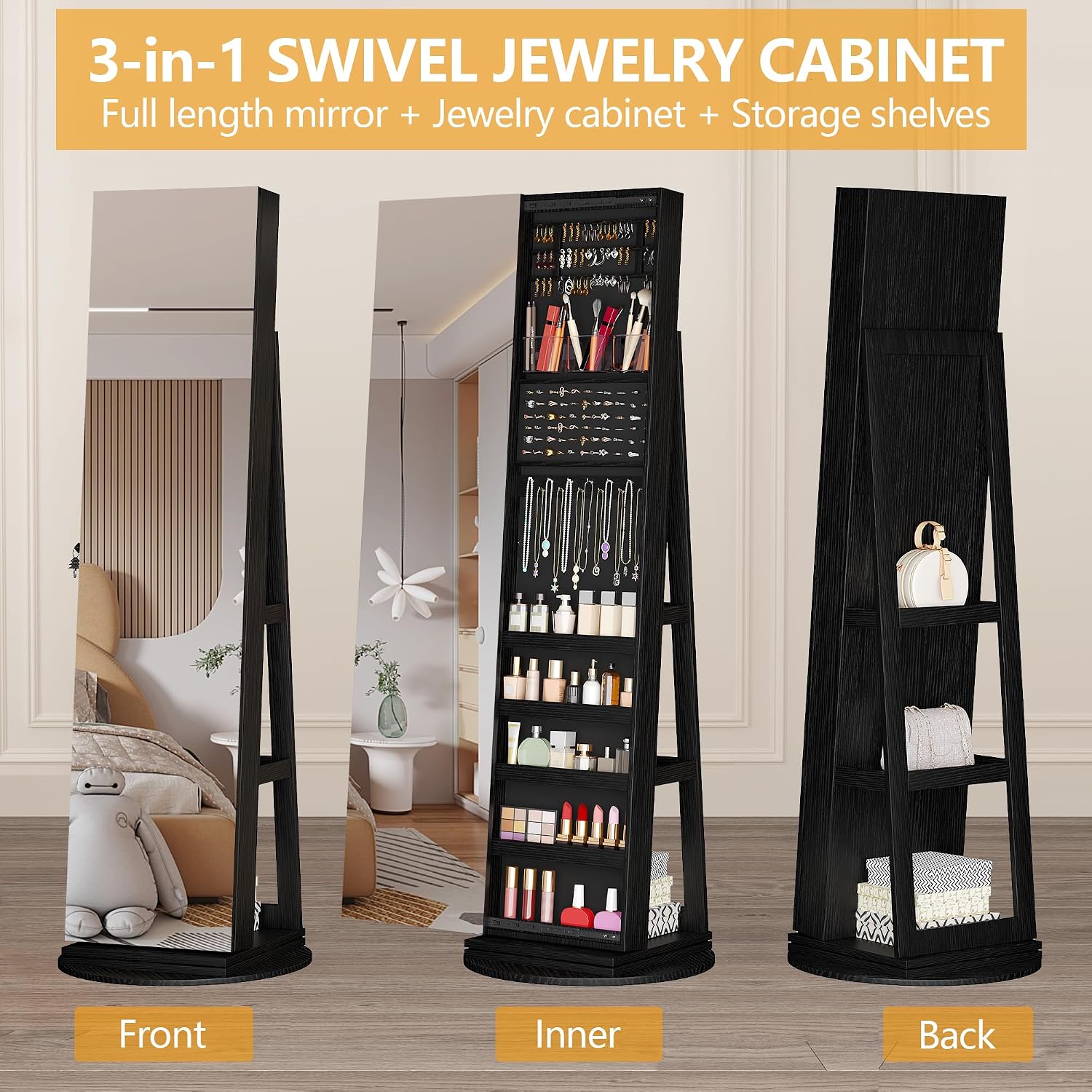 LVSOMT 360° Swivel Jewelry Cabinet with Full Length Mirror and Sliding Door, 63' Large Jewelry Armoire with Lock and Rear Shelves, Floor Standing Mirror with Storage for Bedroom Cloakroom, Black