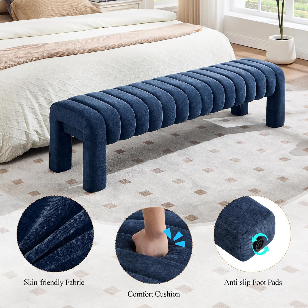 63'' Bedroom Bench, Upholstered End of Bed Bench with Solid Wood Legs, Modern Long Dining Bench with Full Covered Fabrics for Entryway, Bedroom, Living Room (Blue, Chenille)
