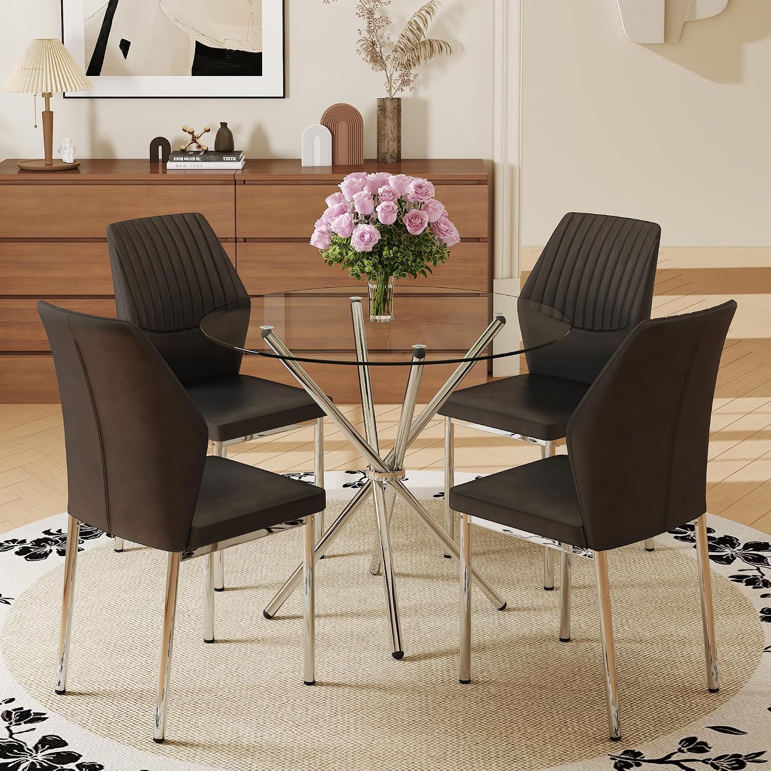 Dining Room Chairs Set of 4,Comfortable,Fashionable Soft Padded Kitchen Chairs High Backrests Metal Legs. Suitable for Living Room and Bedroom (Black+Silver Leg Set of 4)