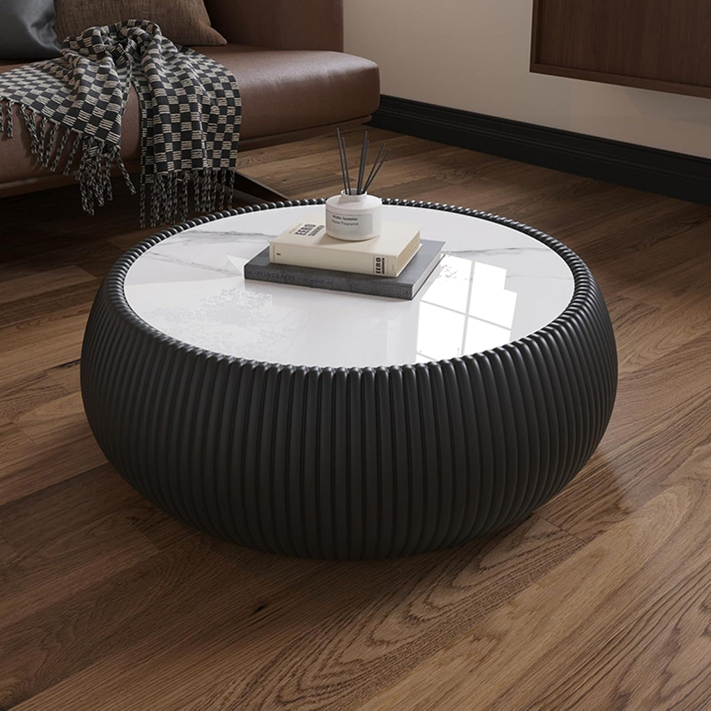 27.55' Black Round Coffee Table, Drum Coffee Table with Sintered Stone Tabletop and Fluted PU Leather Covered and Stable Base, Circle Cocktail Tea Table for Living Room