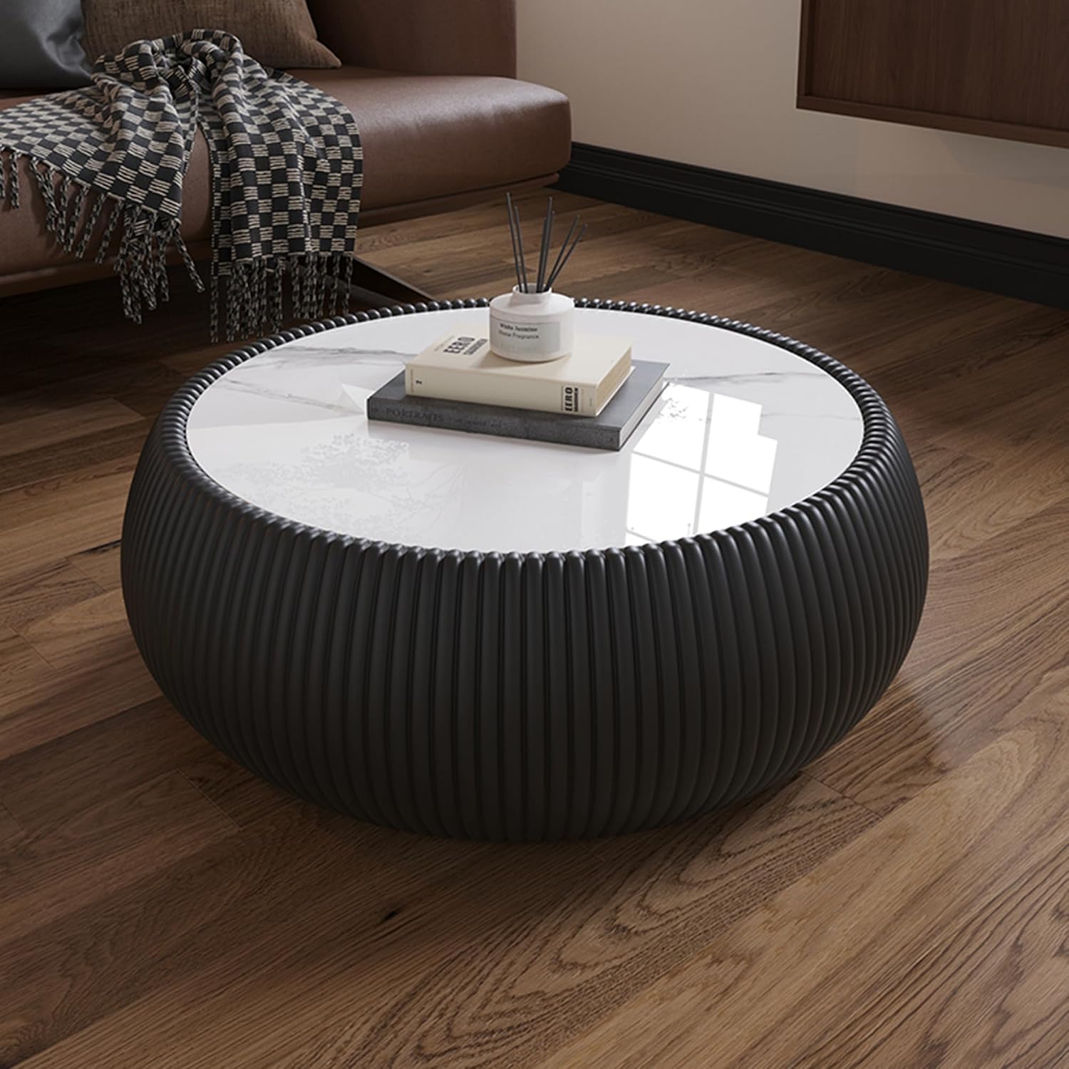 27.55' Black Round Coffee Table, Drum Coffee Table with Sintered Stone Tabletop and Fluted PU Leather Covered and Stable Base, Circle Cocktail Tea Table for Living Room