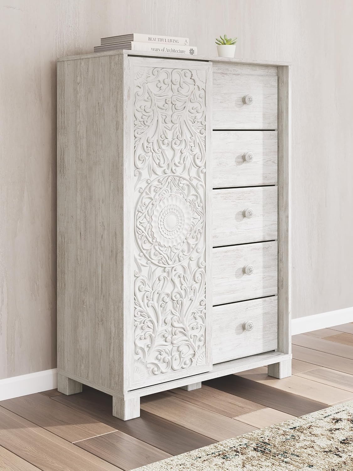 Signature Design by Ashley Paxberry Boho 5 Drawer Dressing Chest with Slider Door & 3 Adjustable Shelves, Whitewash