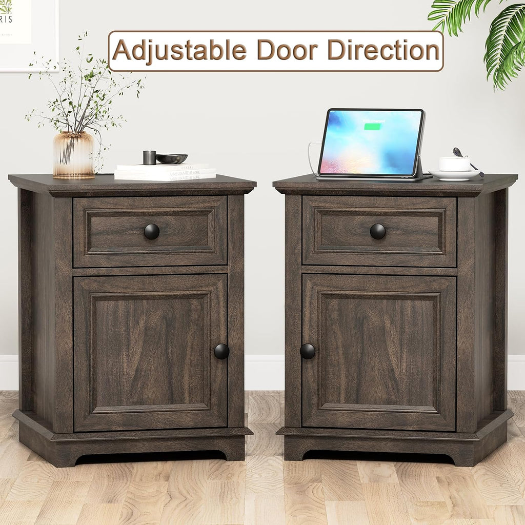 REDAYFUR 24' End Table with Fast Charging Station, Side Table with Drawer, Adjustable Shelf & Large Storage Cabinet, Vintage Wooden Nightstand for Living Room/Bedroom, Rustic Brown