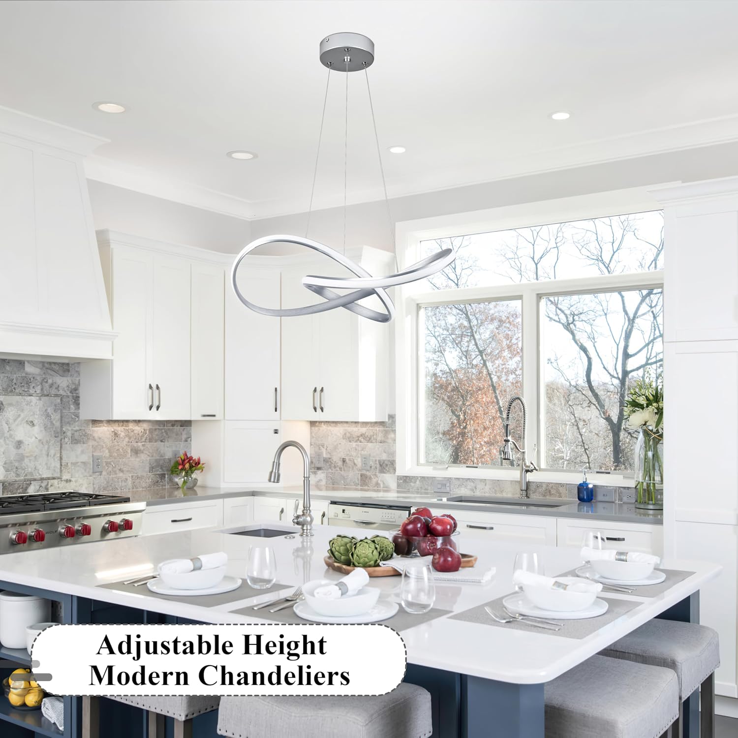 Modern LED Pendant Light Fixture Contemporary Ring Chandelier Nickel with 3000K-6000K Dimmable Remote Control and 79in Height Adjustable for Foyer Living Room Bedroom Dining Room