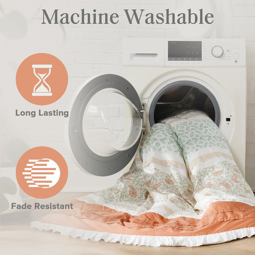 Madison Park Dawn 100% Cotton Shabby Chic Comforter Set-Modern Cottage Design All Season Down Alternative Bedding, Matching Shams, Bedskirt, Decorative Pillows, King(104'x92'), Coral 9 Piece