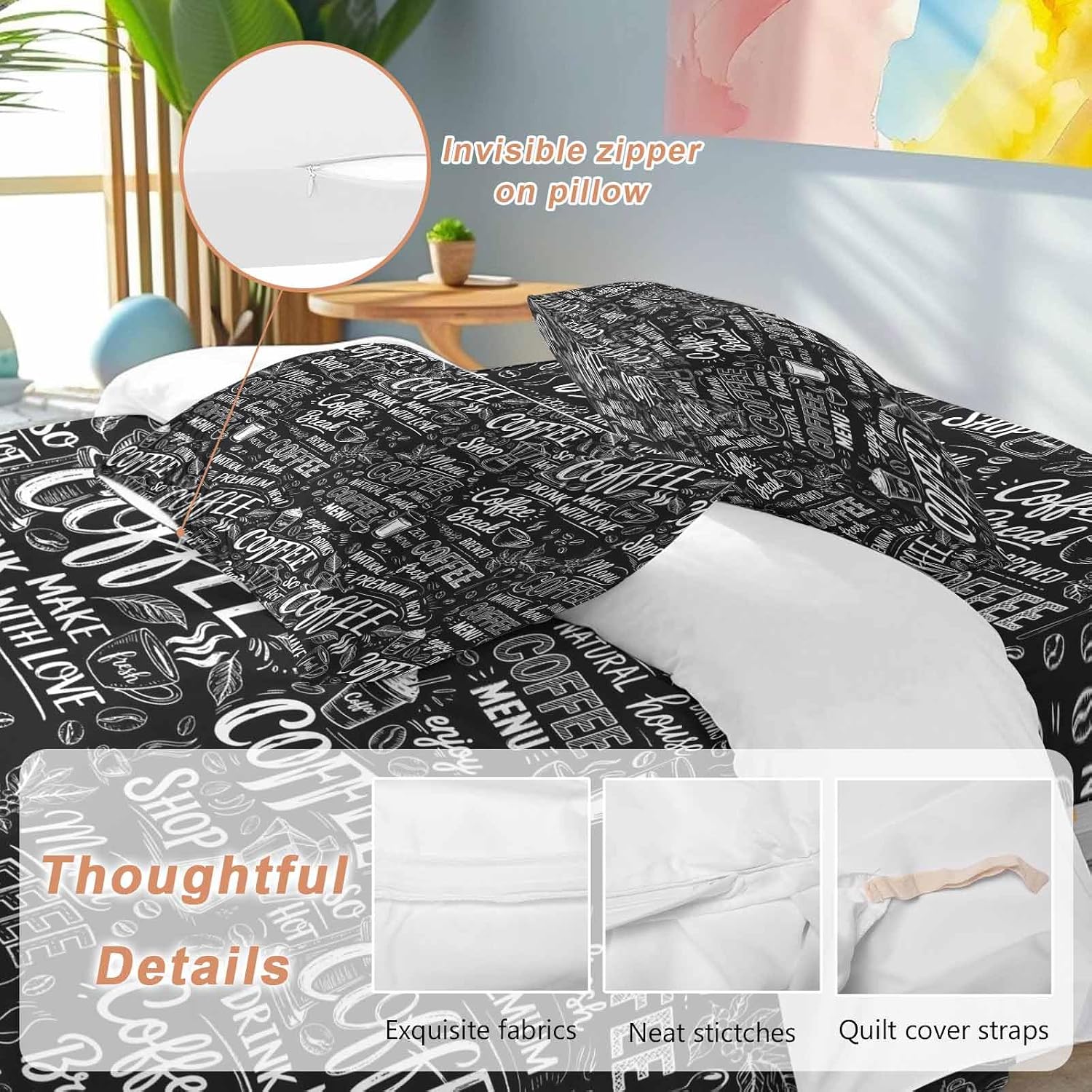 Black White Theme Duvet Cover Set Queen Size 4 Pieces Modern Bread Coffee Pot Milk Drink Minimalist Bedding Set with Zipper Closure, 1 Comforter Cover 86x86 Inches 1 Flat Sheet & 2 Pillow Cases