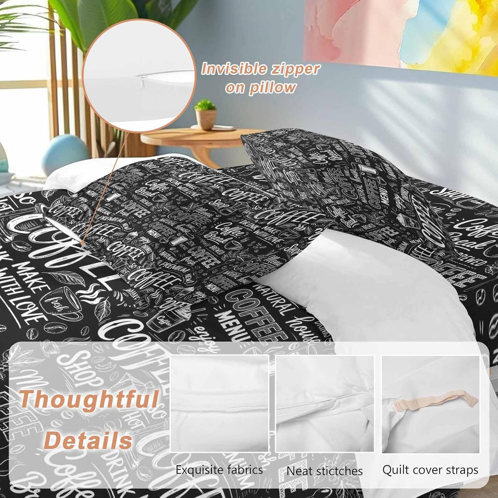 Black White Theme Duvet Cover Set Queen Size 4 Pieces Modern Bread Coffee Pot Milk Drink Minimalist Bedding Set with Zipper Closure, 1 Comforter Cover 90x92 Inches 1 Flat Sheet & 2 Pillow Cases