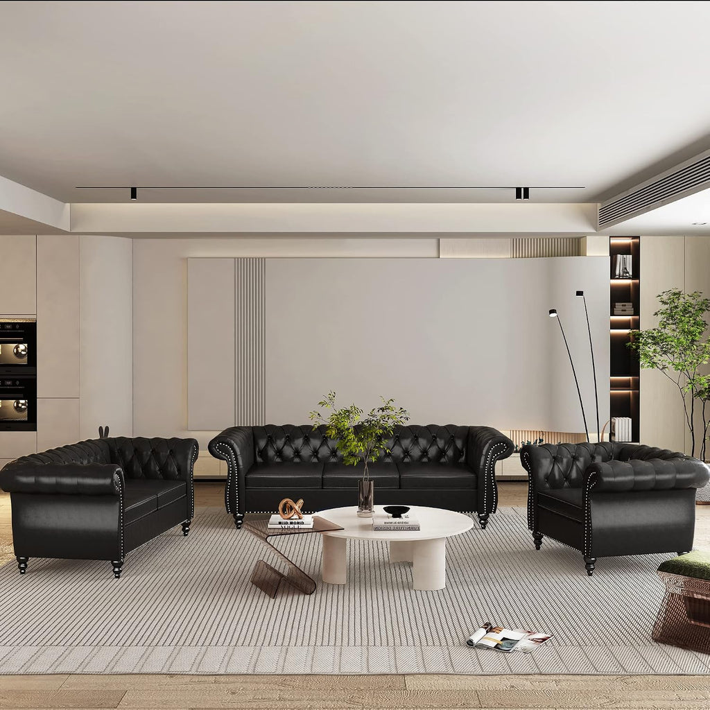 QHITTY Accent Sofa, Chesterfield Loveseat Modern Leather Couch Upholstered Sofa with Tufted Back for Living Room Furniture (Black)