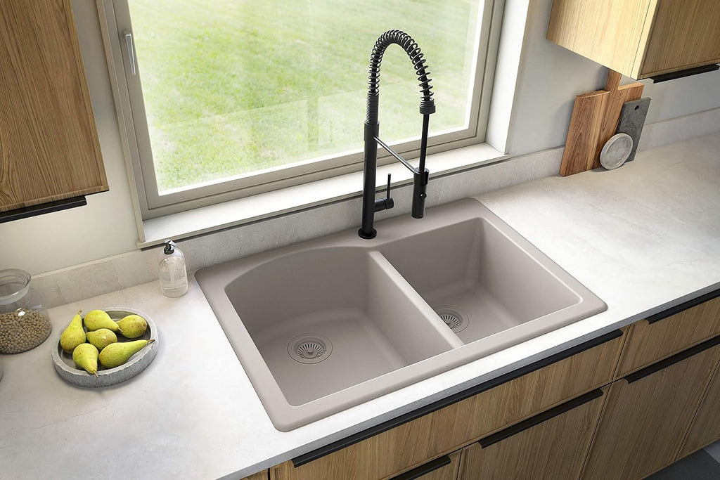 Karran 33' Drop-In/Top Mount Quartz Composite 1-Hole 60/40 Double Bowl Kitchen Sink in Concrete