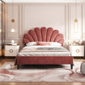 Full Size Velvet Upholstered Platform Bed with Flower Pattern Headboard,Bedroom Wood Bed Frame W/Wooden Slats Support,No Box Spring Needed,for Guest Room,Apartment,Bean Paste Red