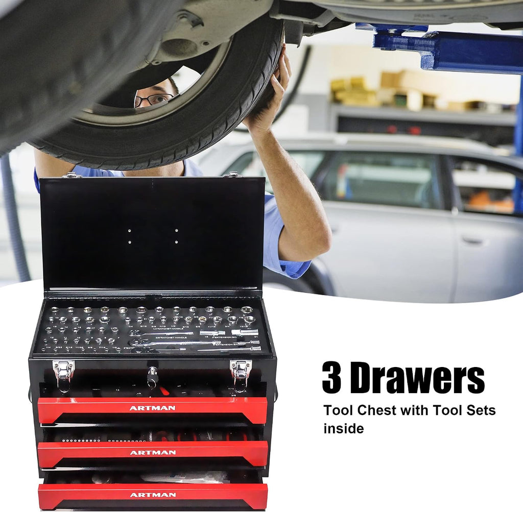 Tool Set and Mechanic Tool Set Box with Handle and 3-Drawer Heavy Duty Metal Box - 339 Piece Tool Kits for Adults Mechanics Workshop Maintenance and Repair Projects - Red