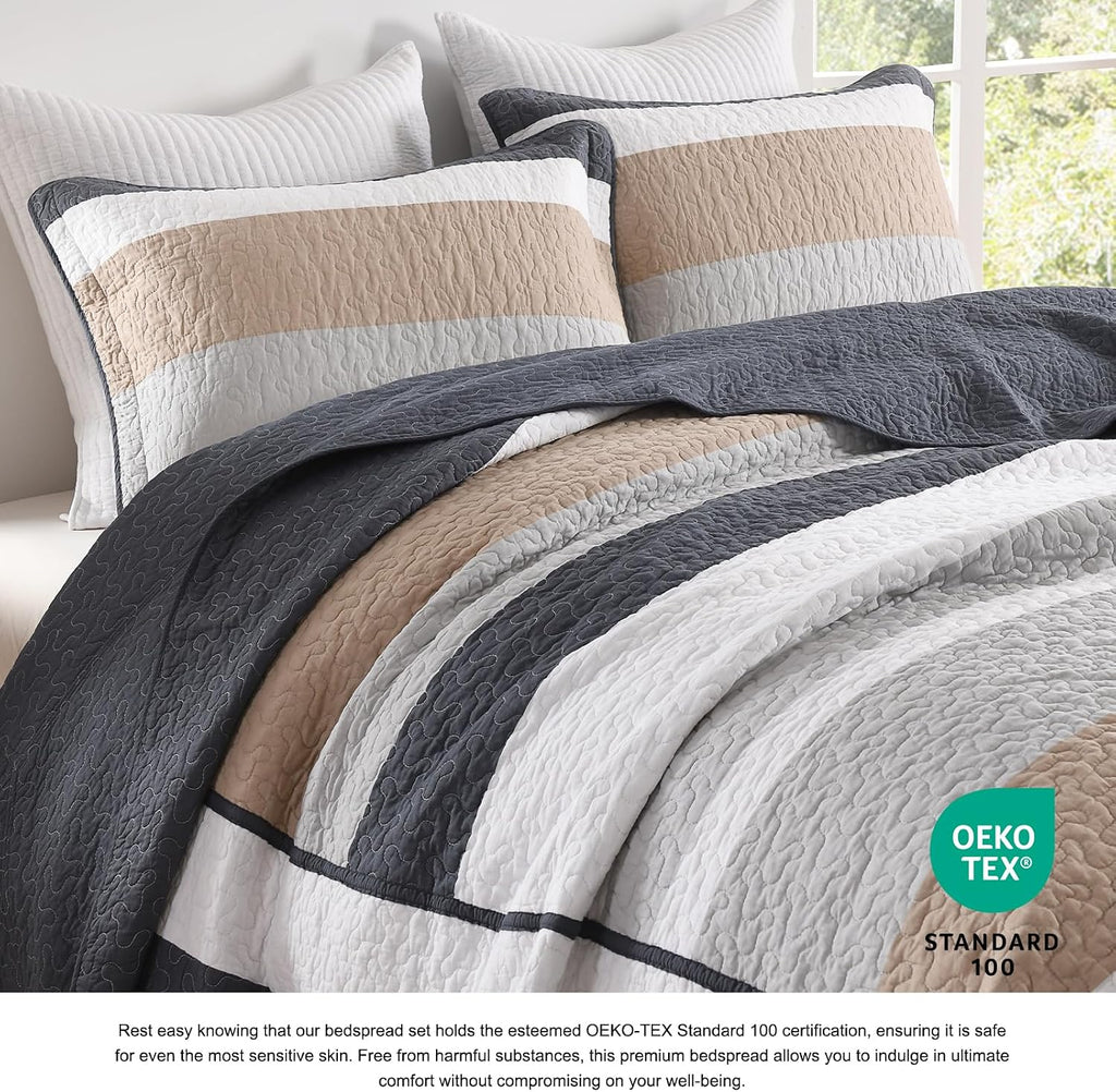DDUOXIN Oversized King Bedspread 120' W x120 L - 100% Cotton Quilt with 2 Pillow Shams, Simple Striped Design Lightweight Durable Bedding, Perfect for Modern Bedrooms, Brown/Blue/Gray/White