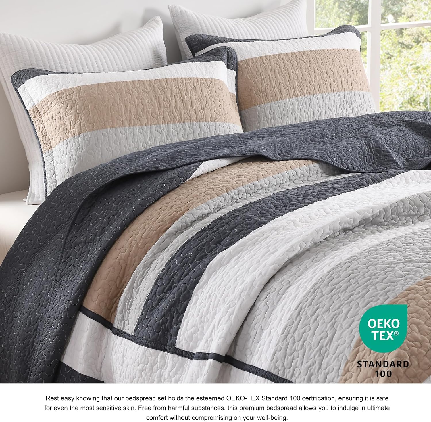 DDUOXIN Oversized King Bedspread 120' W x120 L - 100% Cotton Quilt with 2 Pillow Shams, Simple Striped Design Lightweight Durable Bedding, Perfect for Modern Bedrooms, Brown/Blue/Gray/White