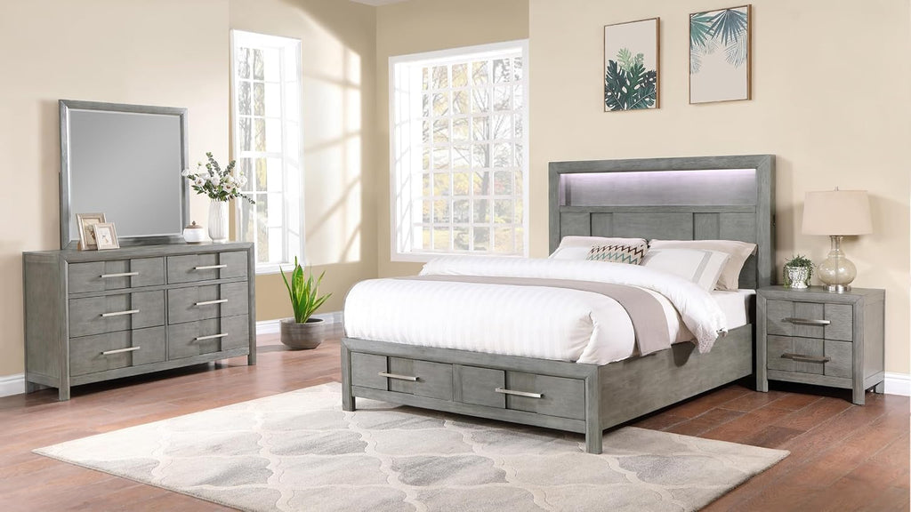 Modern Style Full 4PC Storage Bedroom Set Made with Wood, LED Headboard, Bluetooth Speakers & USB Ports - Grey
