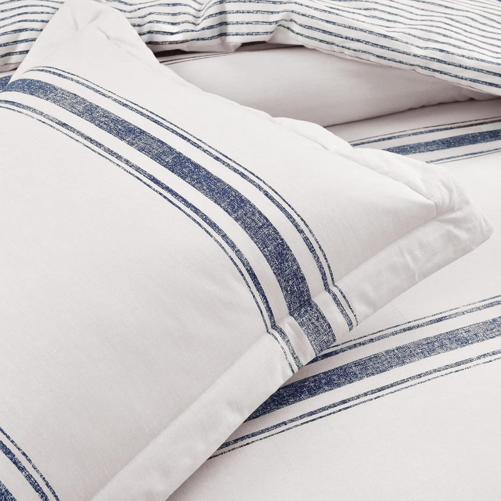 Lush Decor Farmhouse Stripe Reversible Cotton Comforter Set, 3 Piece Set, California King, Navy - Cozy Farmhouse Bedding Set - Rustic Decor - Striped Comforter - Modern Farmhouse Bedroom Decor