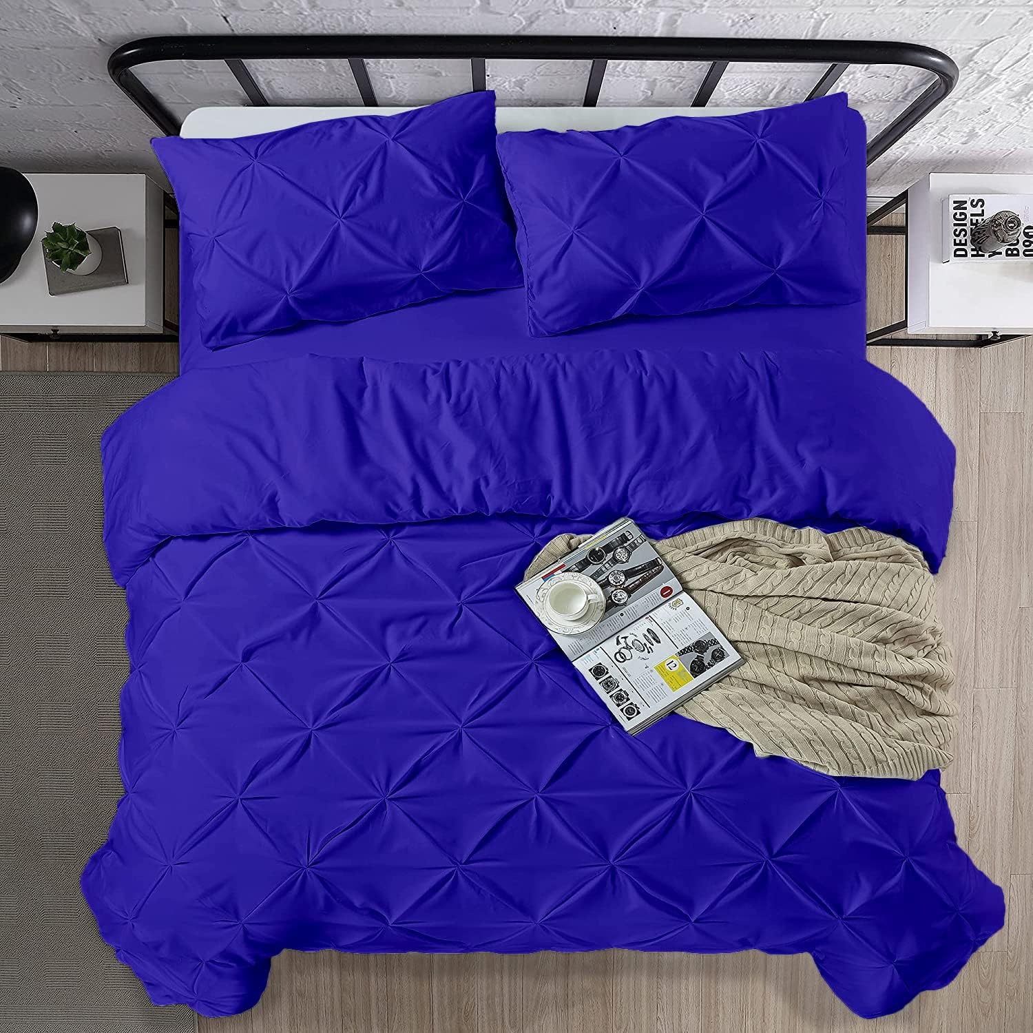 Crown Collection Luxuriate Hotel 1000-TC Hypoallergenic Ultra Soft Design 100% Egyptian Cotton Pinch Plated Duvet Cover with Zipper Colser & 2pcs Pillow Case Set (Oversize 98x120, Royal Blue)