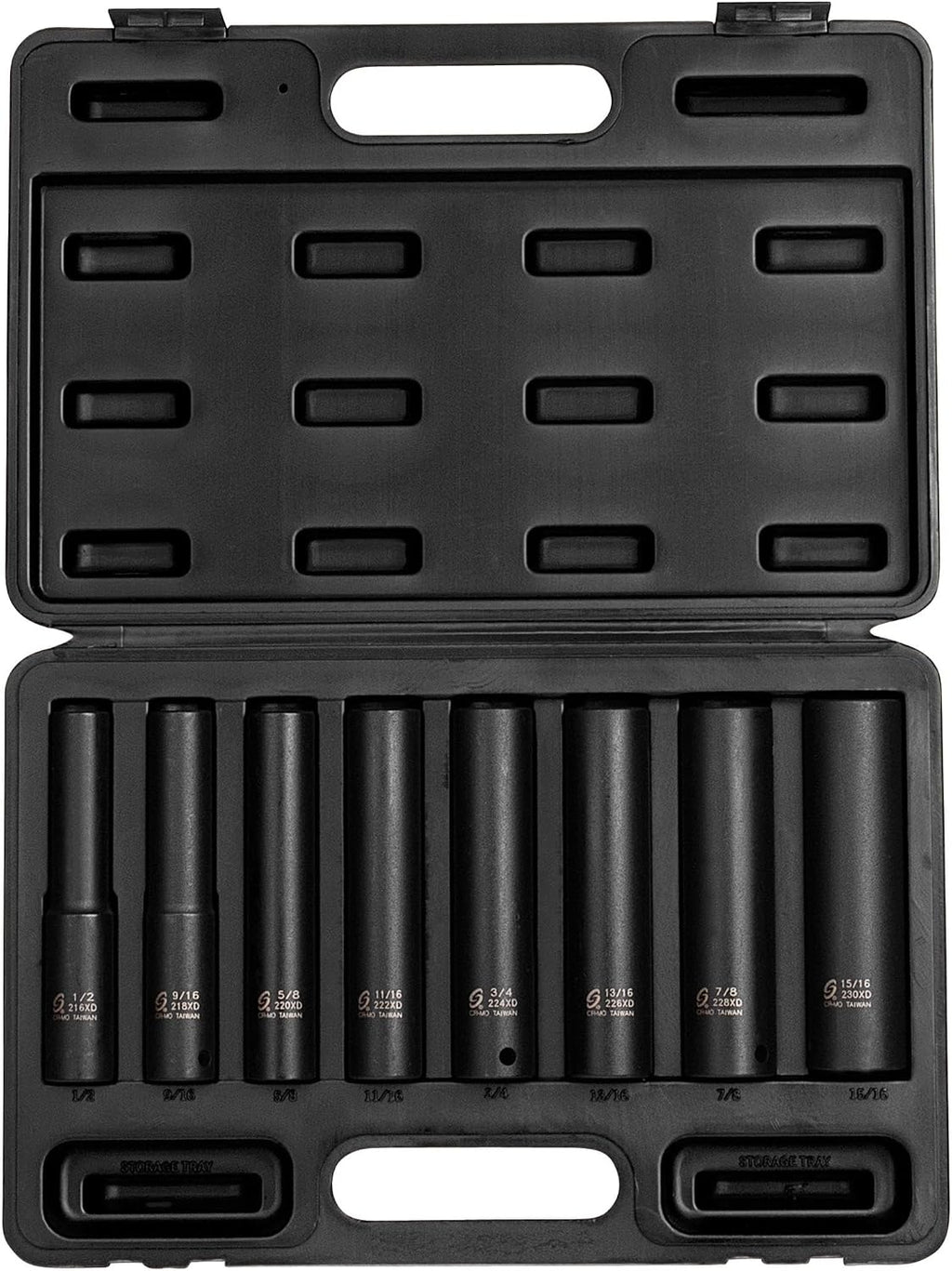 SUNEX TOOLS 2848, 1/2 Inch Drive Impact Socket Set, Extra Long Deep, 8-Piece, SAE, 1/2'-15/16', Cr-Mo Alloy Steel, Radius Corner Design, Dual Size Markings, Heavy Duty Storage Case
