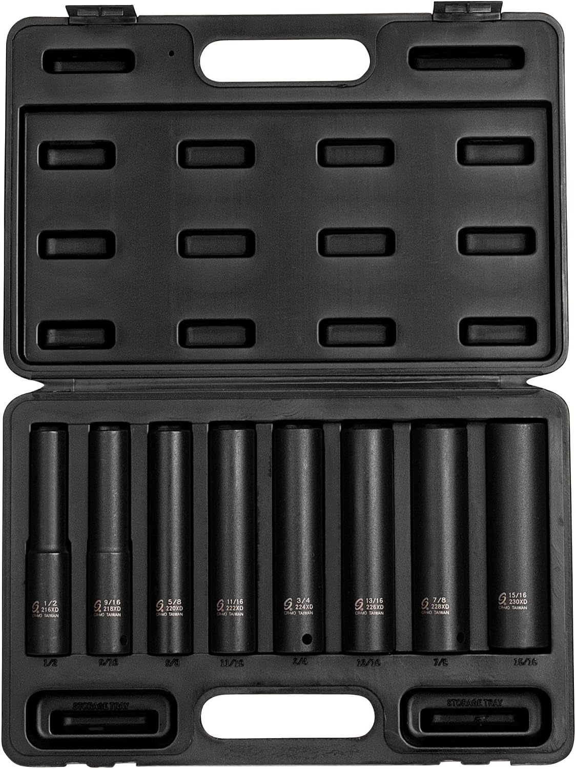 SUNEX TOOLS 2848, 1/2 Inch Drive Impact Socket Set, Extra Long Deep, 8-Piece, SAE, 1/2'-15/16', Cr-Mo Alloy Steel, Radius Corner Design, Dual Size Markings, Heavy Duty Storage Case