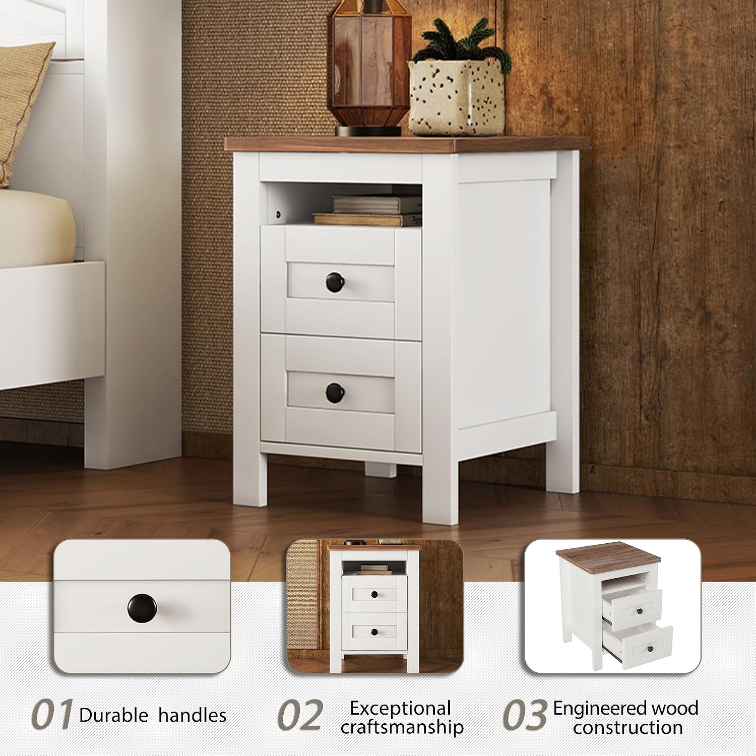 3PCS Bedroom Sets, Full Size Farmhouse Platform Bed with Double Sliding Door Storage Headboard, Cabinet & Nightstand, 3PCS Bedroom Sets with USB, for Kids, Adults, White