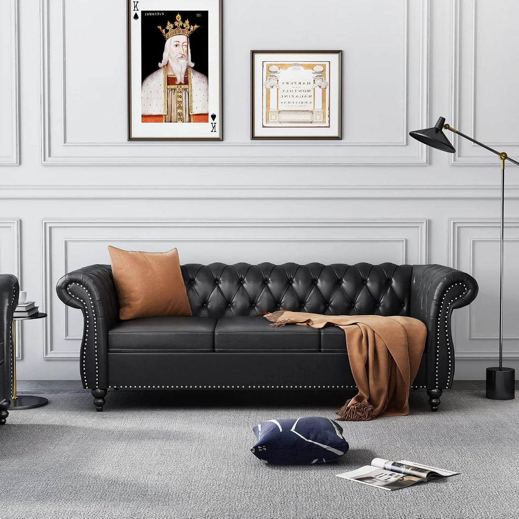 QHITTY Accent Large Sofa, Chesterfield Couch 3 Seater Modern Leather Couch Upholstered Sofa with Tufted Back for Living Room Furniture (Black)