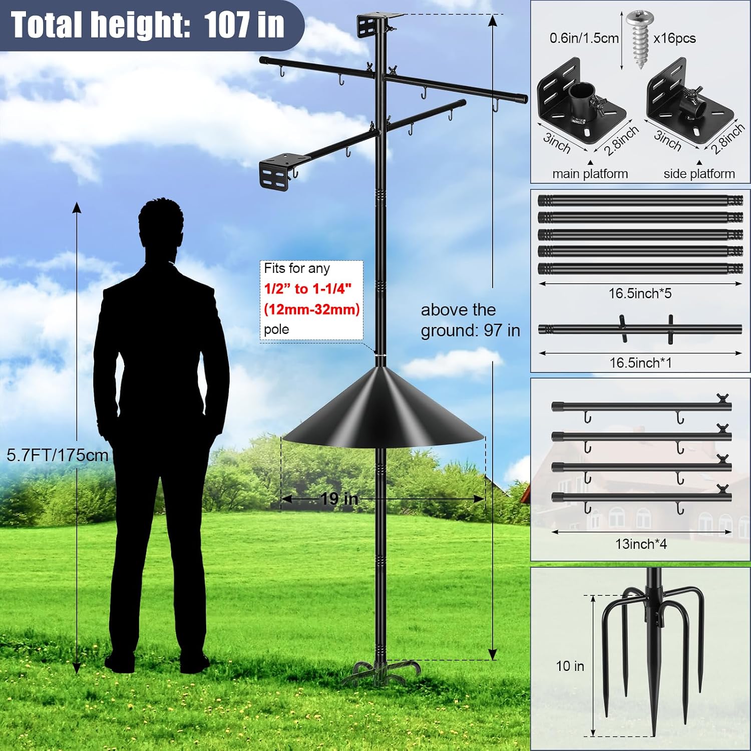 Gtongoko Squirrel Proof Smart Bird Feeder Pole for Outdoors 107 Inch 1 Inch Diameter Bluebird House Pole with 2 Platform and 8 Hooks for Bird Feeder with Camera Adjustable Heavy Duty Mounting Pole